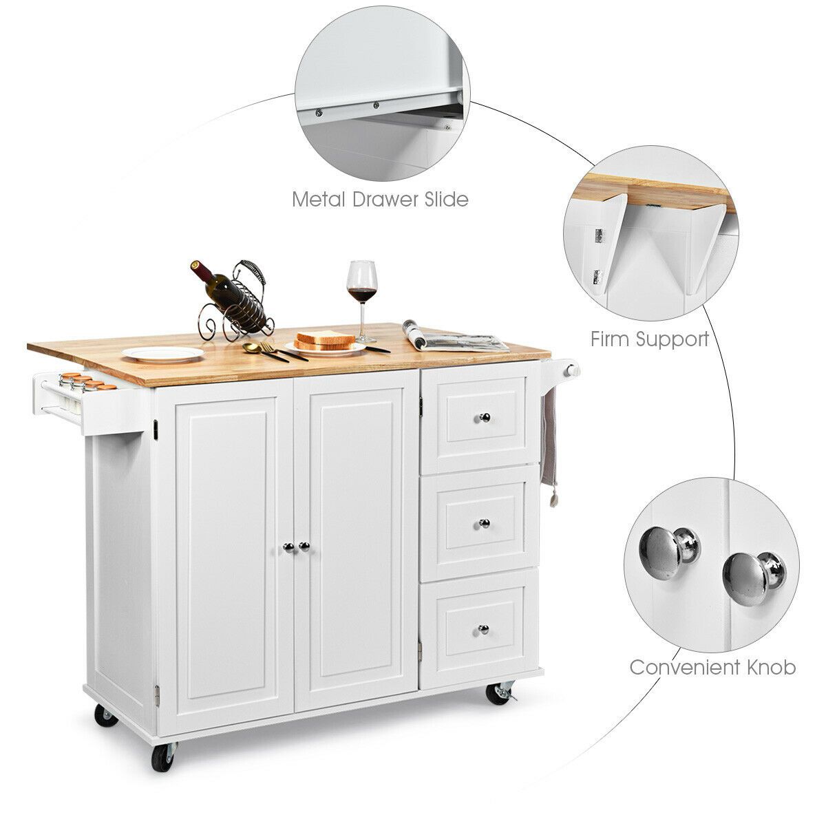 Kitchen Island Trolley with 3 Drawers and 2-door Cabinet