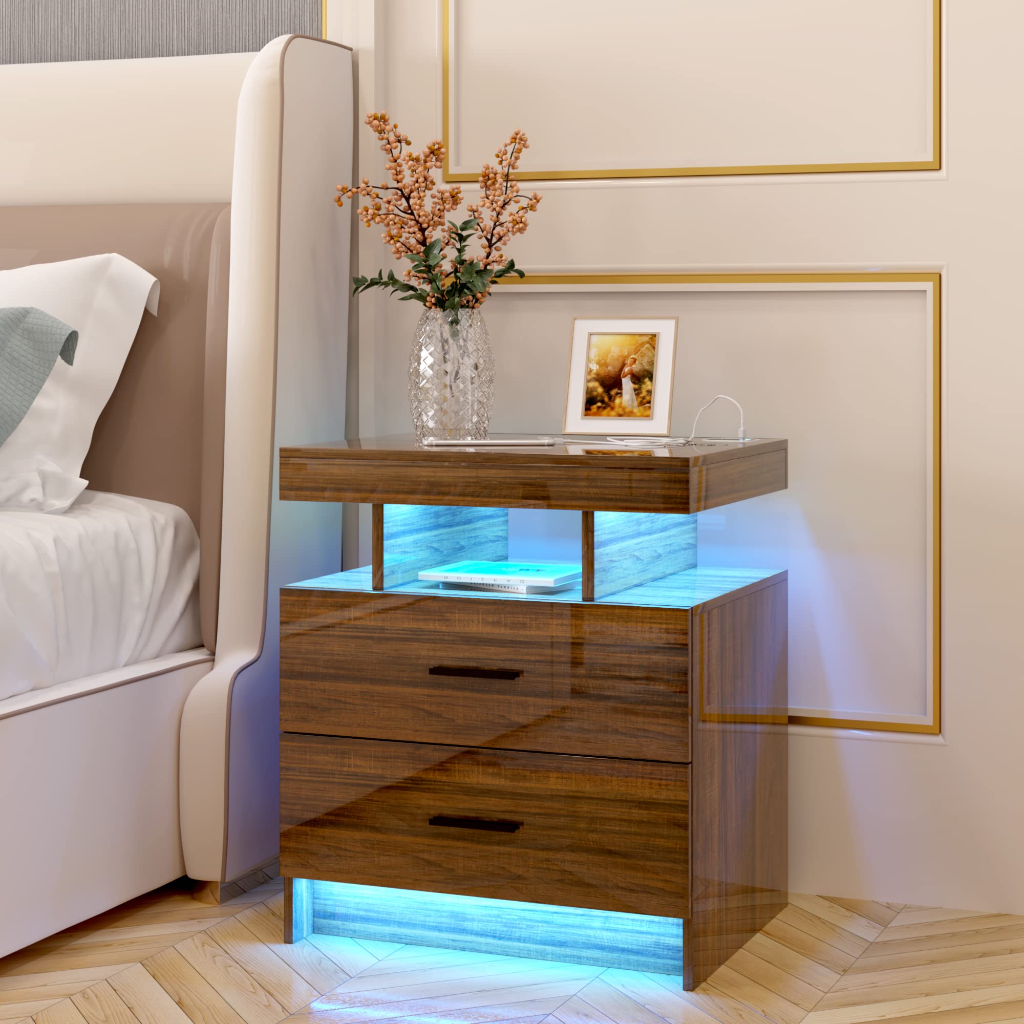 【Furniture】LED White Nightstand with 3 Colors Adjustable 2 USB Ports and Wireless Charging Station, High Gloss Nightstand with 2 Drawers