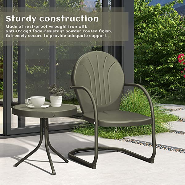 PURPLE LEAF Outdoor Patio Bistro Set, 3 Pieces Retro Porch Furniture Set 2 C-Spring Metal Outdoor Chairs and Round Side Table, Blue