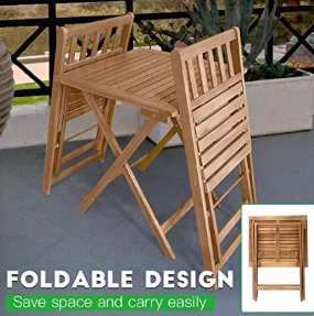 3 Pieces Outdoor Patio Furniture Set Wood Folding Patio Bistro Set Outdoor Bistro Set Table and Chairs Set with 2 Chairs and Square Table for Pool Beach Backyard Balcony Porch Deck Garden