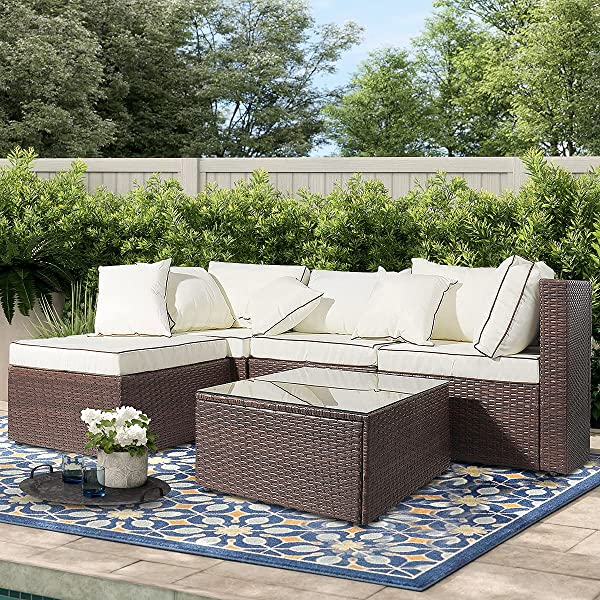 AWQM 5 Pieces Patio Furniture Sets All Weather Outdoor Sectional Sofa Manual Weaving Wicker Rattan Patio Conversation Set with Cushion and Glass Table, Brown 5 Piece Patio Furniture Sets