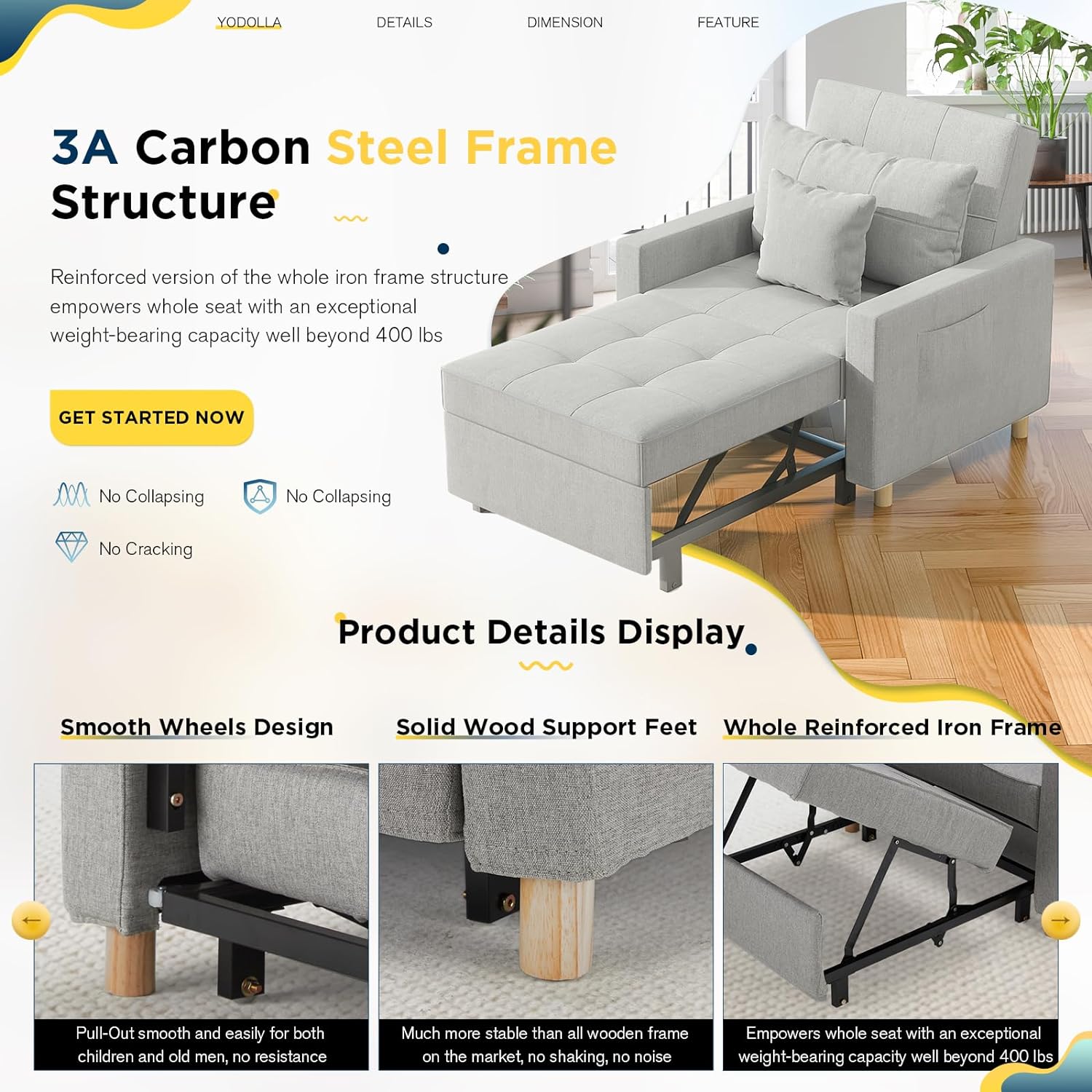 YODOLLA 3-in-1 Convertible Chair Bed, Sleeper Chair Bed, Pull Out Sleeper Chair Beds, Adjustable Single Armchair Sofa Bed with Side Pocket and Adjust Backrest Into a Sofa, Grey